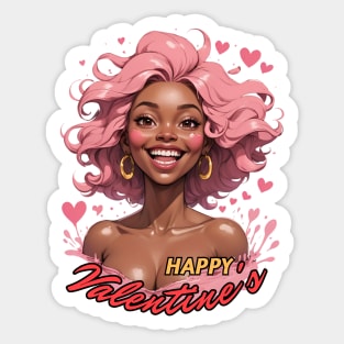 Happy Valentine's Day Black Girl Pink Hair comic pop art anime Sticker